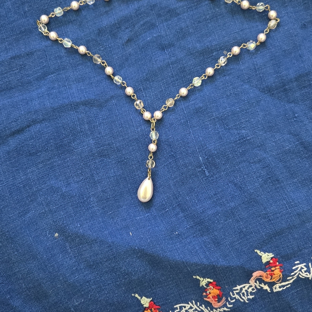Delicate Pink Pearl Teardrop Station Necklace